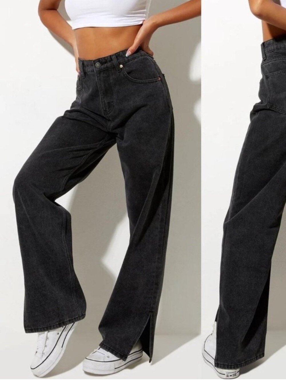 Black High-Waist Straight Leg Split Hem Jeans